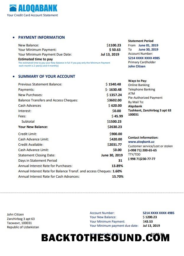 İndir Özbekistan Aloqabank proof of address Hesap Özeti in Word and PDF Format Örnek örnek