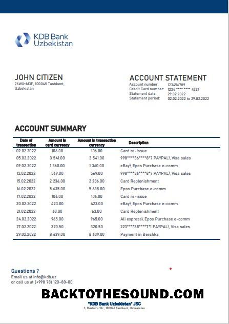 İndir Özbekistan KDB Banka Hesap Özeti in Word and PDF Format Örnek ön izleme