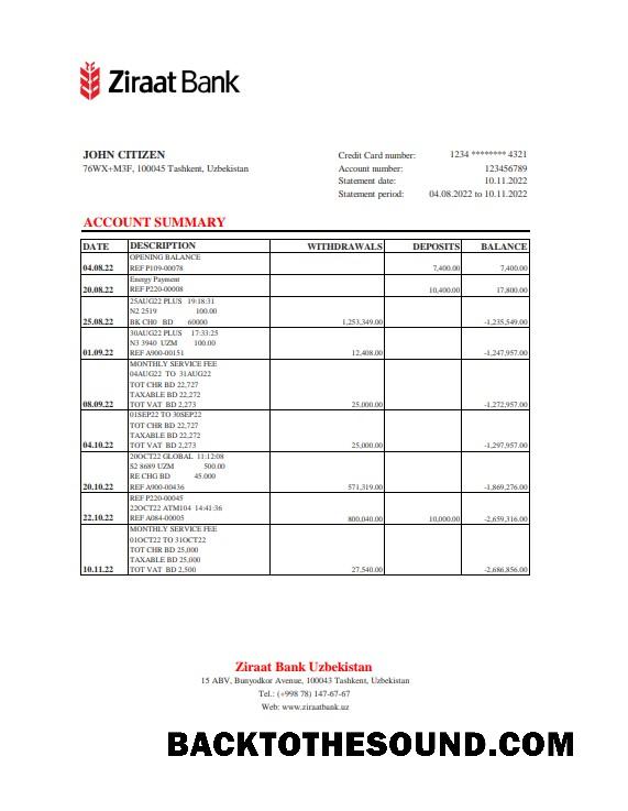 İndir Özbekistan Ziraat Banka Hesap Özeti, Excel and PDF Format Örnek tasarım