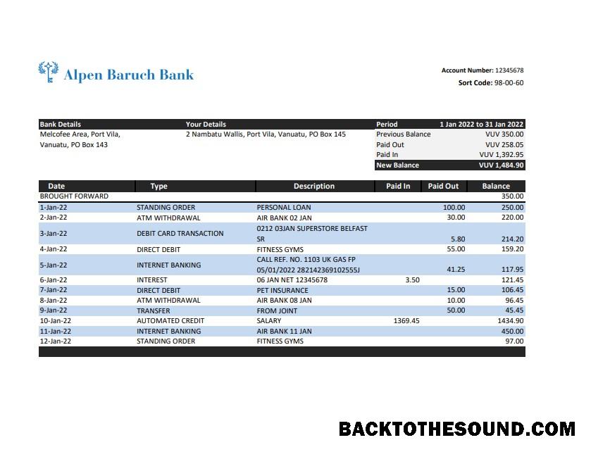 İndir Vanuatu Alpen Baruch Banka Hesap Özeti, Excel and PDF Örnek örnek
