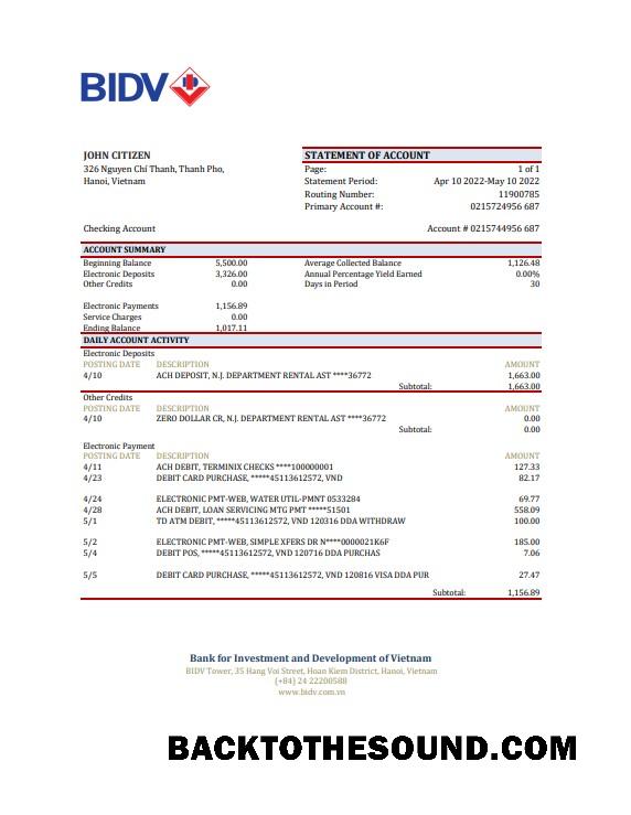 İndir Vietnam BIDV Banka Hesap Özeti, Excel and PDF Örnek ön izleme