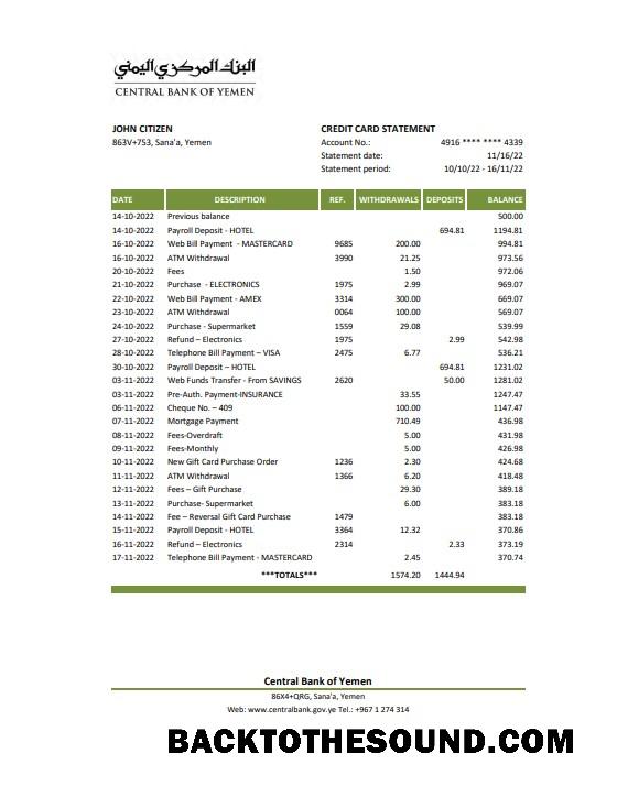 İndir Yemen Central Banka of Yemen Banka Hesap Özeti, Excel and PDF Örnek tasarım