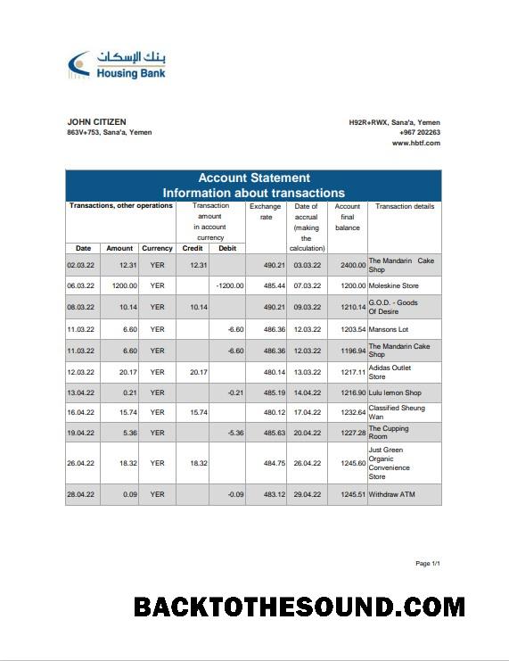 Scarica Yemen Housing Banca Estratto conto, Excel and PDF Campione anteprima