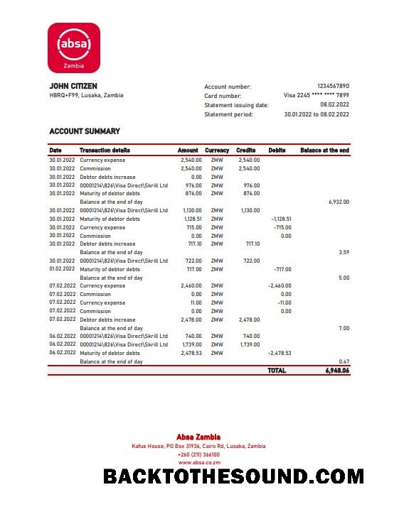 Scarica Zambia Absa Banca Estratto conto, Excel and PDF Campione mockup