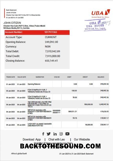Scarica Zambia unito Banca for Africa Banca Estratto conto Word and PDF Campione modello