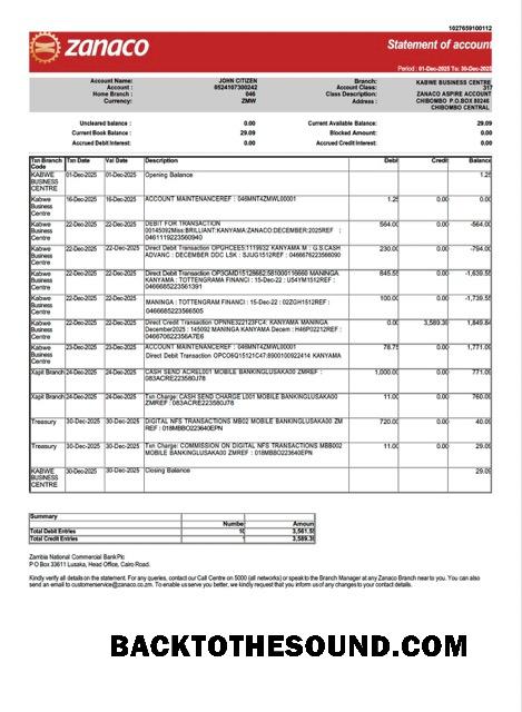 Scarica Zambia Zanaco Banca Estratto conto of Account Word and PDF Campione campione