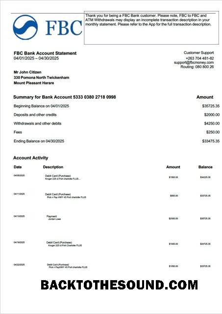 Scarica Zimbabwe FBC Banca Account Estratto conto Word and PDF Campione modello