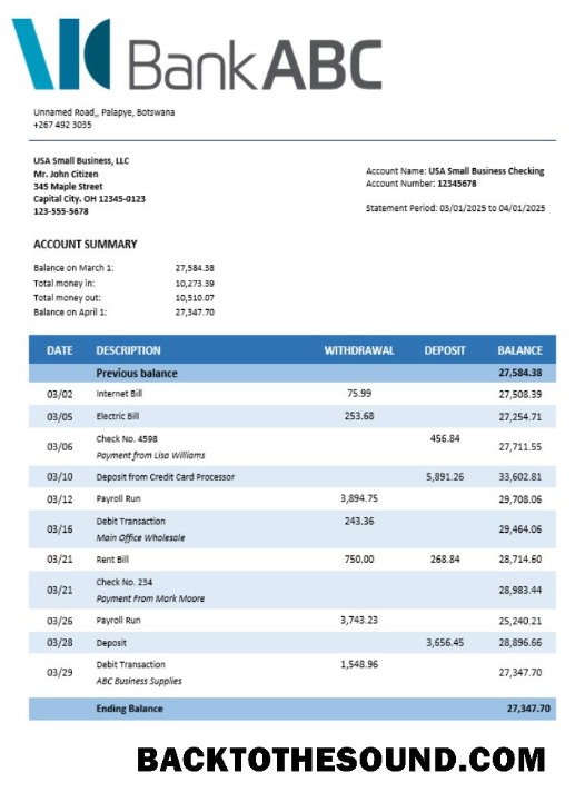 Pobierz ABC Bank Firma sprawdzanie Konto Wyciąg bankowy Word and PDF Próbka projekt