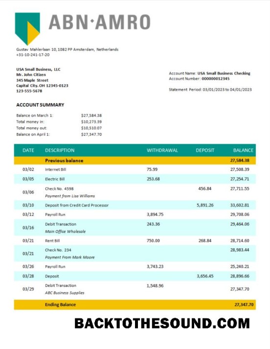 Pobierz ABN Amro Bank Firma sprawdzanie Konto Wyciąg bankowy Word and PDF Próbka projekt