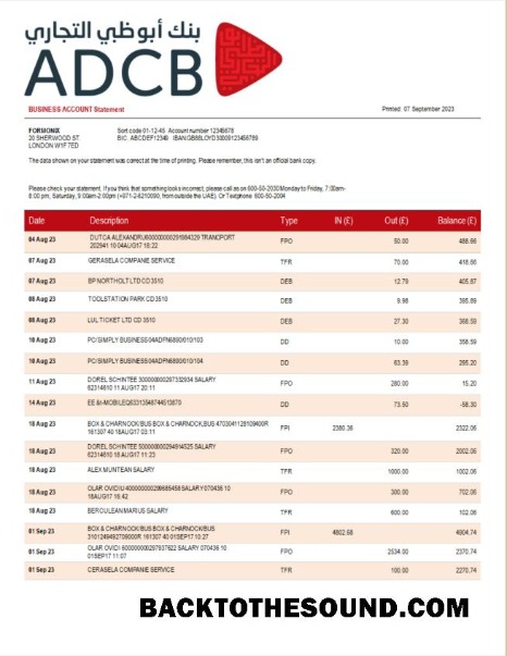 Pobierz ADCB Bank Firma Wyciąg bankowy Word and PDF Próbka szablon