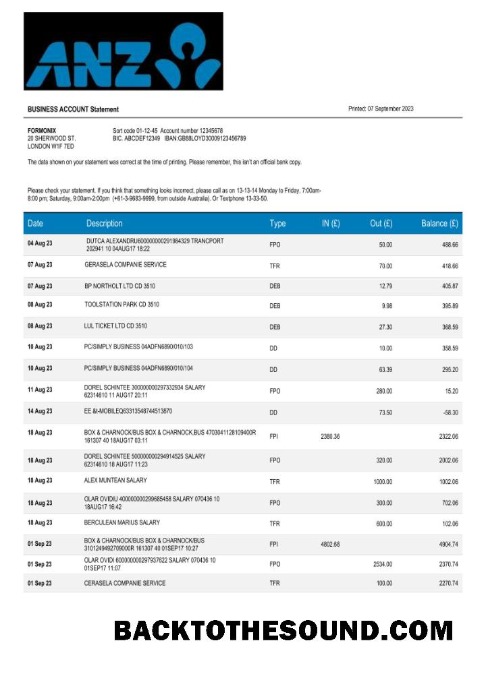 Pobierz ANZ Bank corporate Wyciąg bankowy Word and PDF Próbka podgląd