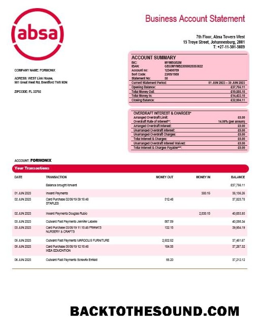 Pobierz Absa Bank Firma sprawdzanie Konto Wyciąg bankowy Word and PDF Próbka podgląd
