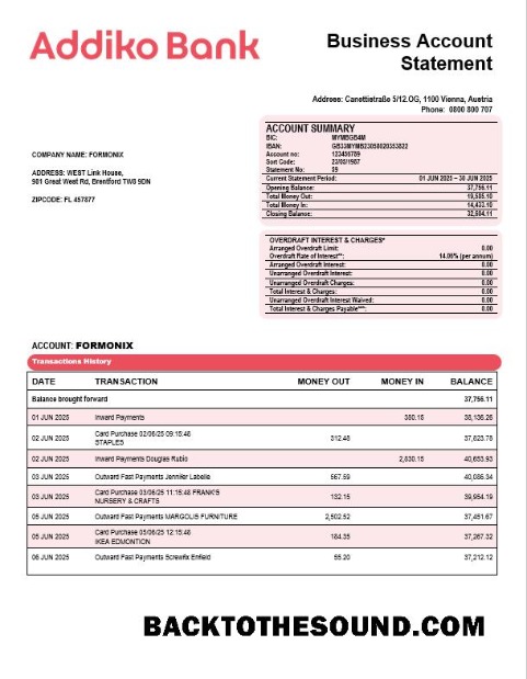 Pobierz Addiko Biznes Bank organizacja Konto Wyciąg bankowy Word and PDF Format Próbka próbka