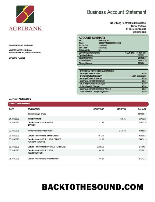 Pobierz Agribank Firma Wyciąg bankowy Word and PDF Próbka próbka