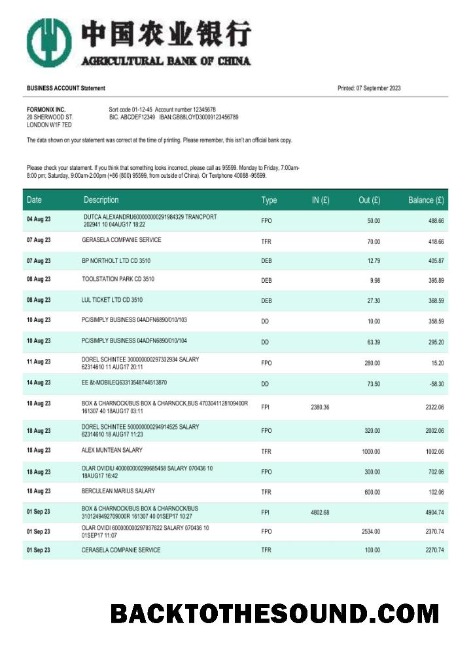 Pobierz Agricultural Bank of Chiny Biznes Konto Wyciąg bankowy Word and PDF Próbka makieta