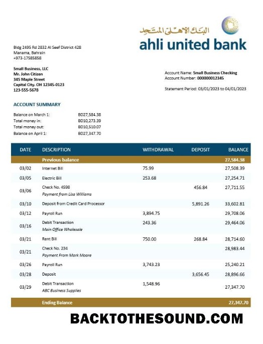 Pobierz Ahli zjednoczony Bank firma Konto Wyciąg bankowy Word and PDF Próbka makieta