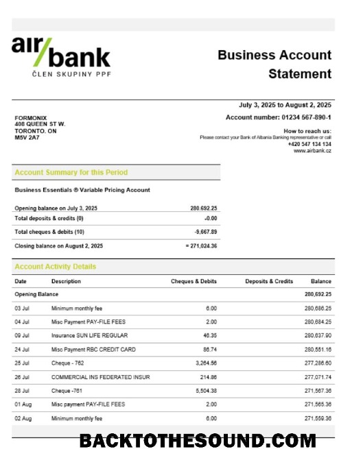 Pobierz Air Bank Biznes organizacja sprawdzanie Wyciąg bankowy Word and PDF Format Próbka podgląd
