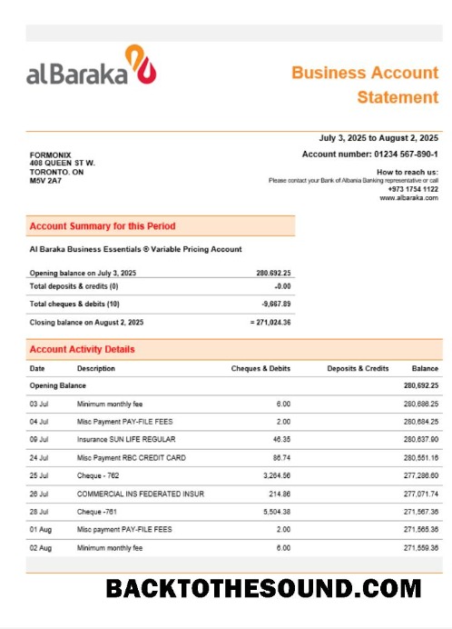 Pobierz Al Baraka Biznes Bank Firma Konto Wyciąg bankowy Word and PDF Format Próbka podgląd