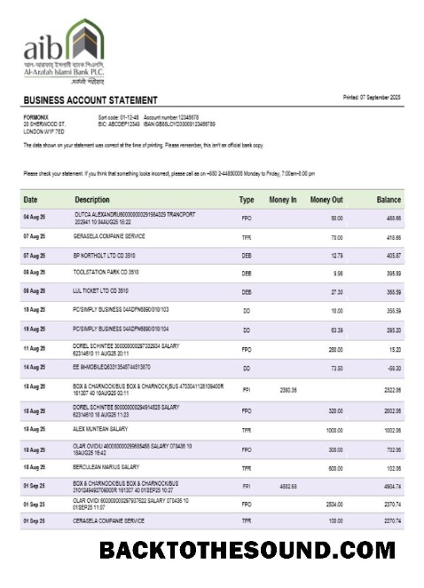 Pobierz Al Arafah Islami Bank Biznes Konto Wyciąg bankowy Word and PDF Próbka próbka