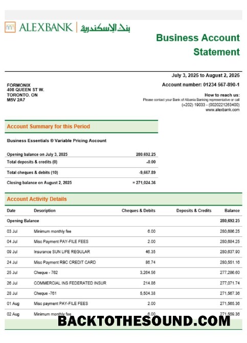 Pobierz Alex Bank Firma Wyciąg bankowy Word and PDF Format Próbka próbka