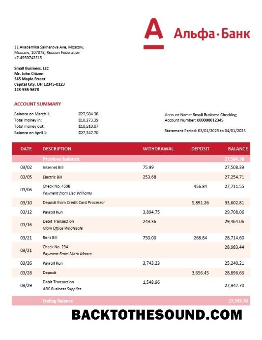 Pobierz Alfa Bank organizacja sprawdzanie Konto Wyciąg bankowy Word and PDF Próbka podgląd