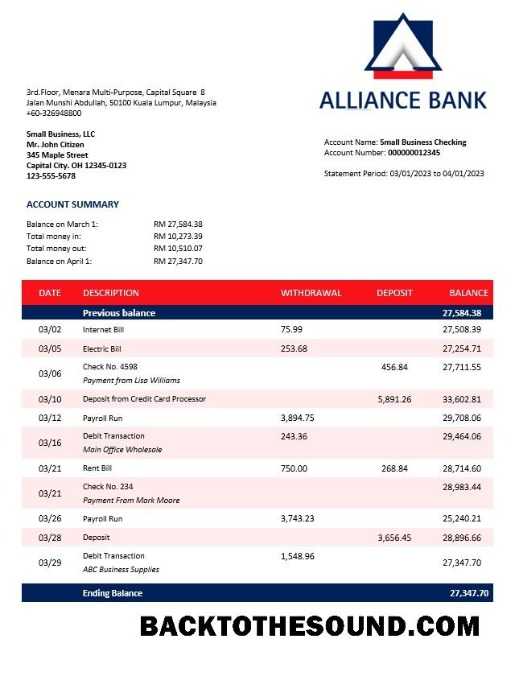 Pobierz Alliance Bank enterprise Konto Wyciąg bankowy Word and PDF Próbka podgląd