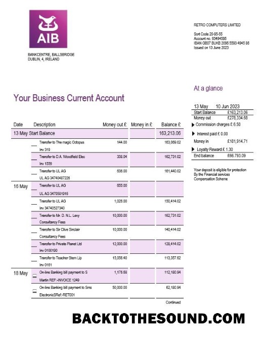 Pobierz Allied Irish Banks (AIB) enterprise Wyciąg bankowy Word and PDF Próbka próbka