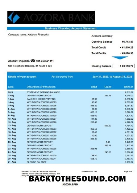 Pobierz Aozora Bank organizacja sprawdzanie Konto Wyciąg bankowy Word and PDF Próbka makieta