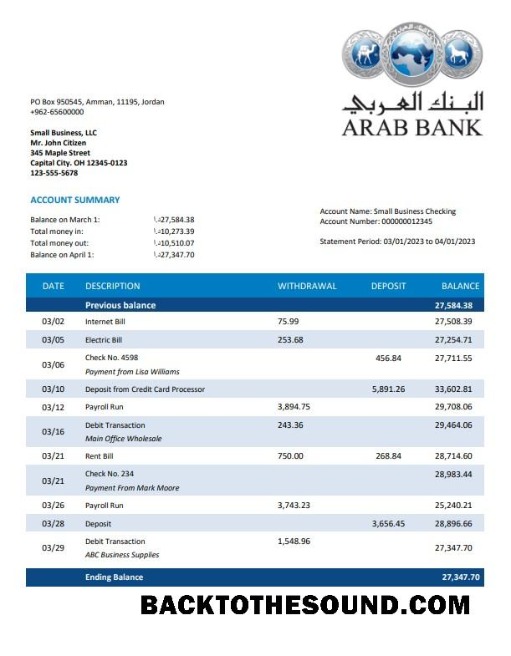 Pobierz Arab Bank organizacja sprawdzanie Konto Wyciąg bankowy Word and PDF Próbka projekt