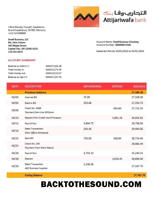 Pobierz Attijariwafa Bank Biznes Wyciąg bankowy Word and PDF Próbka próbka