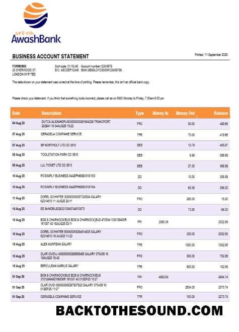Pobierz Awash Bank firma Konto Wyciąg bankowy Word and PDF Próbka próbka