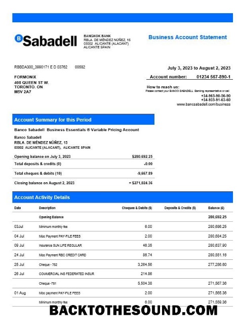 Pobierz BANCO Sabadell firma Wyciąg bankowy Word and PDF Próbka podgląd