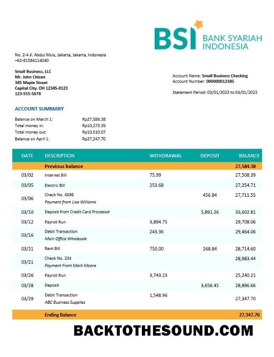 Pobierz Bank Syariah Indonezja organizacja sprawdzanie Konto Wyciąg bankowy Word and PDF Próbka makieta