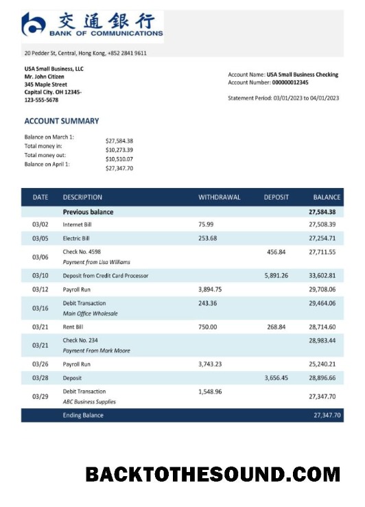 Pobierz Bank of Communications Bank enterprise Konto Wyciąg bankowy Word and PDF Próbka makieta