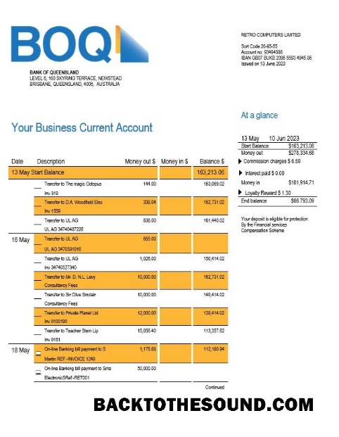 Pobierz Bank of Queensland Biznes sprawdzanie Konto Wyciąg bankowy Word and PDF Próbka podgląd