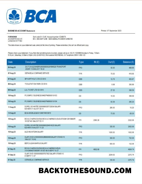 Pobierz BCA Bank organizacja Wyciąg bankowy Word and PDF Próbka próbka