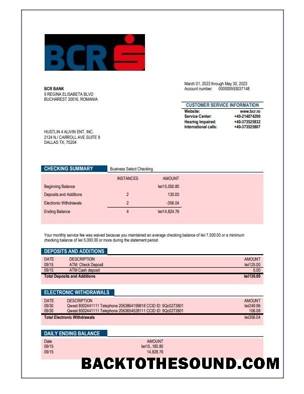 Pobierz BCR Bank Firma sprawdzanie Konto Wyciąg bankowy Word and PDF Próbka projekt