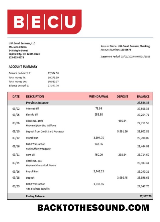 Pobierz BECU Biznes Bank Wyciąg bankowy Word and PDF Format Próbka projekt
