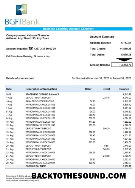 Pobierz BGFI Biznes Bank Wyciąg bankowy Word and PDF Format Próbka projekt