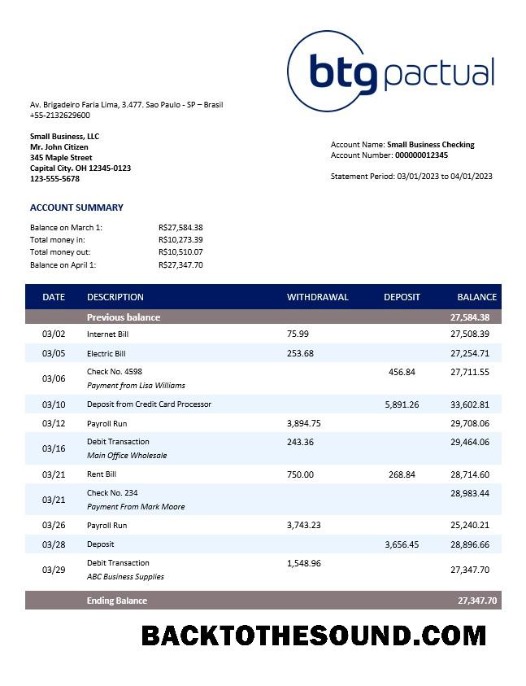 Pobierz BTG Pactual Bank Biznes sprawdzanie Konto Wyciąg bankowy Word and PDF Próbka próbka