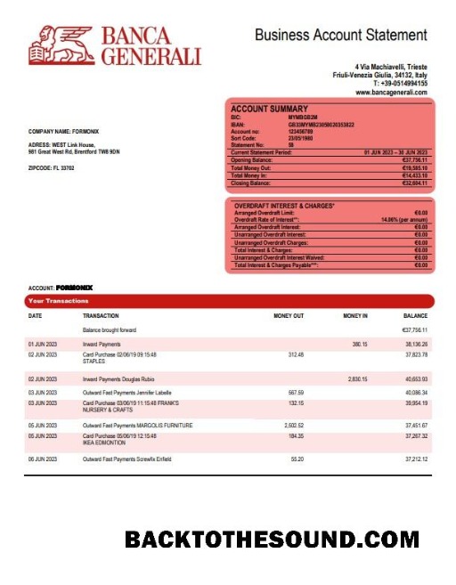 Pobierz Banca Generali organizacja sprawdzanie Konto Wyciąg bankowy Word and PDF Próbka projekt