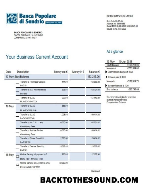Pobierz Banca Populaire di Sondrio Biznes Bank Wyciąg bankowy Word and PDF Próbka projekt