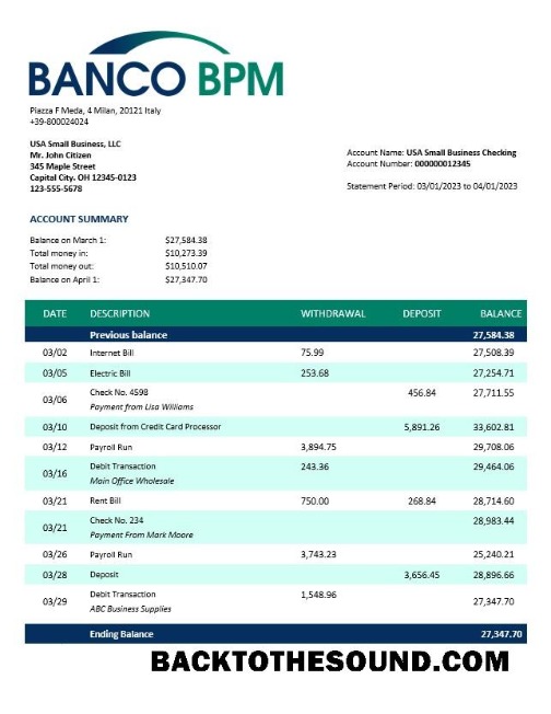 Pobierz Banco BPM enterprise Wyciąg bankowy Word and PDF Próbka projekt