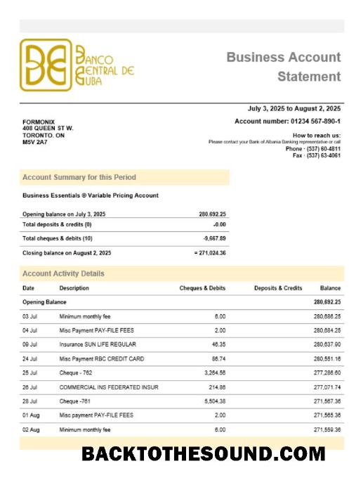Pobierz Banco Central de Cuban Bank Biznes firma Konto Wyciąg bankowy Word snd PDF Format Próbka podgląd