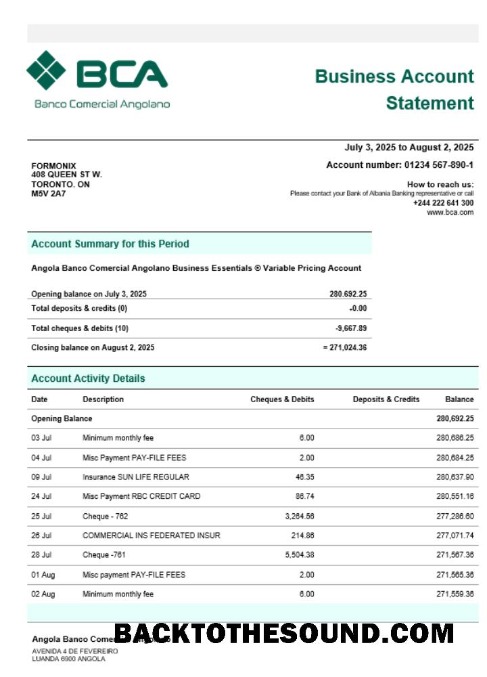 Pobierz Banco Comercial Angolanno Firma sprawdzanie Konto Wyciąg bankowy Word and PDF Próbka próbka