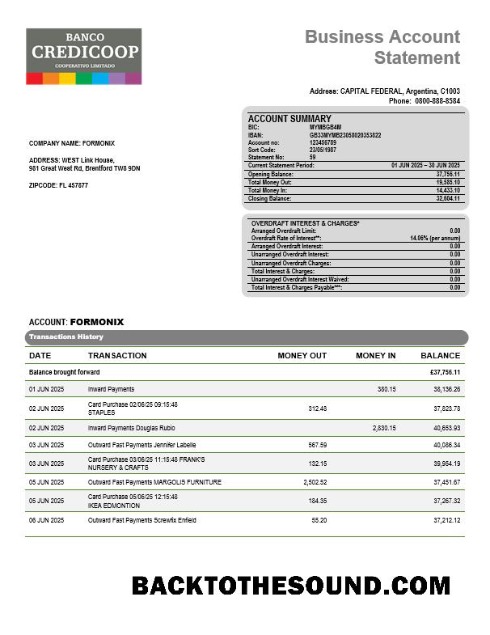 Pobierz Banco Credicoop Biznes Bank Wyciąg bankowy Word and PDF Format Próbka podgląd