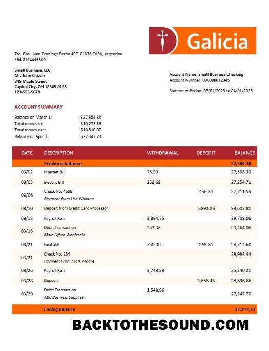 Pobierz Banco Galicia Firma Konto Wyciąg bankowy Word and PDF Próbka podgląd