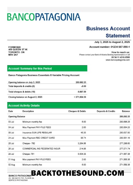 Pobierz Banco Patagonia Biznes Bank Wyciąg bankowy Word and PDF Format Próbka podgląd