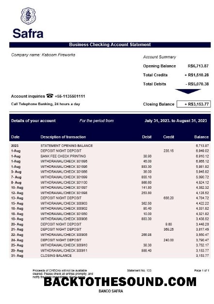Pobierz Banco Safra Biznes Wyciąg bankowy Word and PDF Próbka próbka