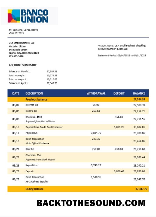 Pobierz Banco unia Bank Biznes firma Wyciąg bankowy Word and PDF Format Próbka szablon